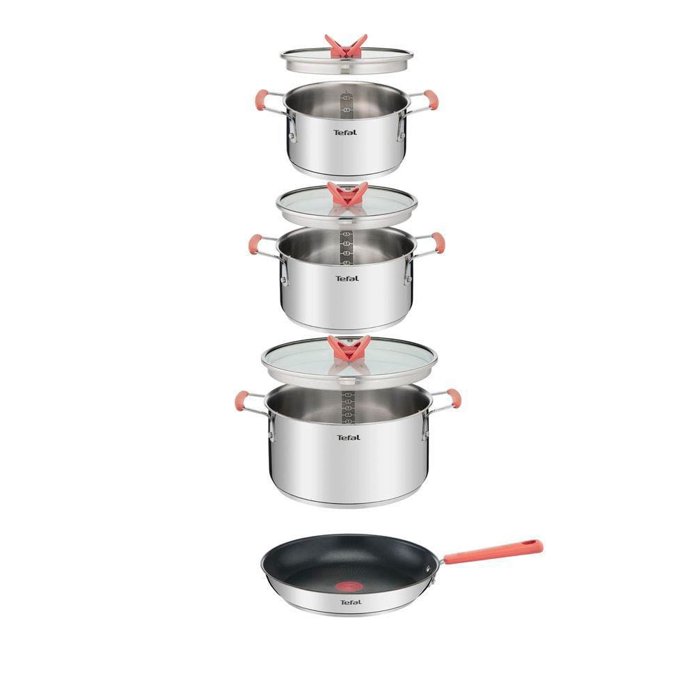Conjunto de Panelas 4 Peças T-FAL Opti’Space com Revestimento Antiaderente, Tampas de Vidro com Borda em Inox e Cabos com Proteção de Silicone – Inox