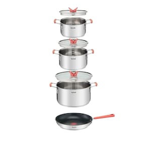 Conjunto de Panelas 4 Peças T-FAL Opti’Space com Revestimento Antiaderente, Tampas de Vidro com Borda em Inox e Cabos com Proteção de Silicone – Inox
