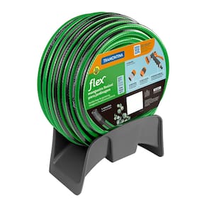 Mangueira Tramontina Flex para Jardim Verde com Faixa Preta em PVC 4 Camadas, Engate Rosqueado, Esguicho e Suporte – 20 Metros