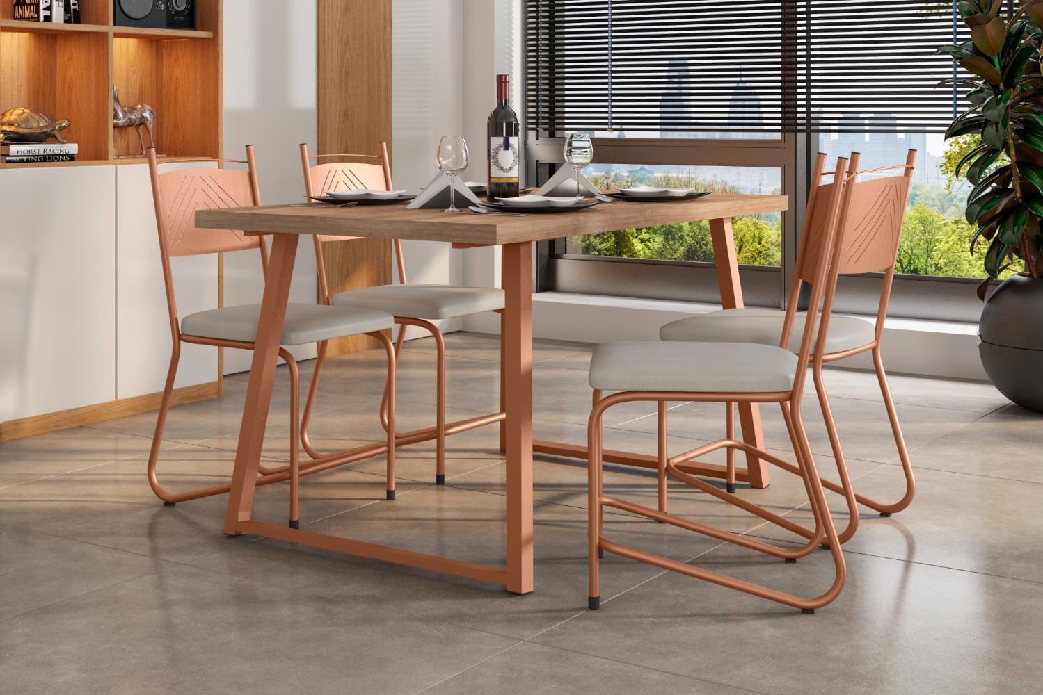 Conjunto de Mesa Jantar 4 Cadeiras Fabone Atlanta Aço Carbono Estofadas Corano Retangular 136x80