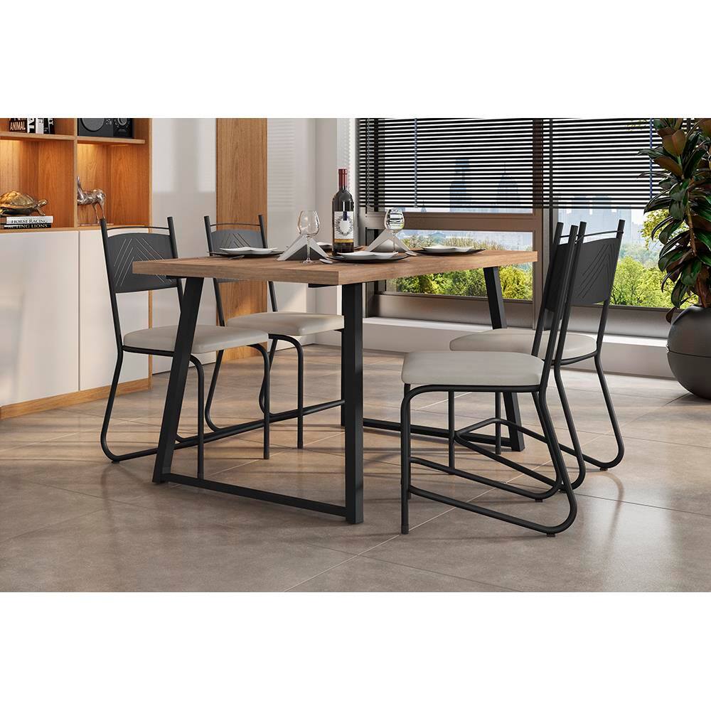 Conjunto de Mesa Jantar 4 Cadeiras Fabone Atlanta Aço Carbono Estofadas Corano Retangular 136x80 - PRETO