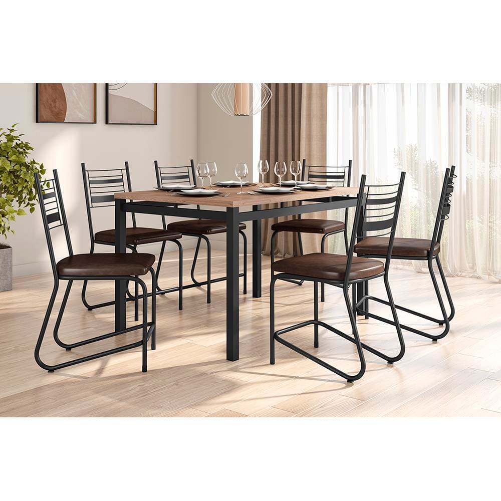Conjunto Mesa Jantar 6 Cadeiras Fabone Kieve Aço Carbono Corano Cobre Mesa Retangular 136x80 - PRETO FOSCO