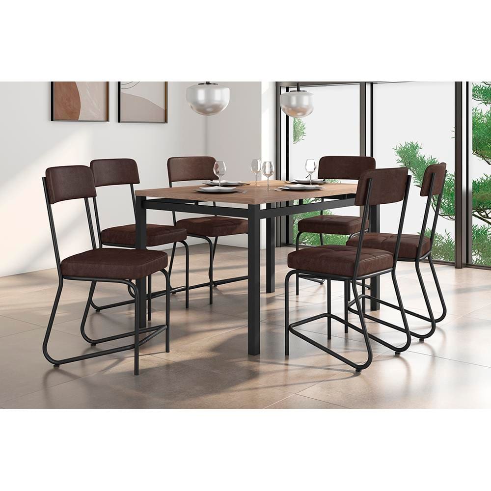 Conjunto Mesa Jantar Fabone Nagoia 6 Cadeiras Mesa Retangular 136x80cm Aço Carbono - PRETO FOSCO