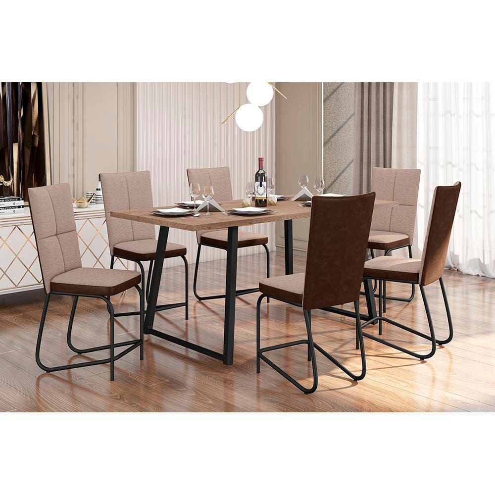 Conjunto de Mesa Jantar 6 Cadeiras Fabone Atlanta Aço Carbono Estofadas Corano Retangular 170x80 - PRETO FOSCO