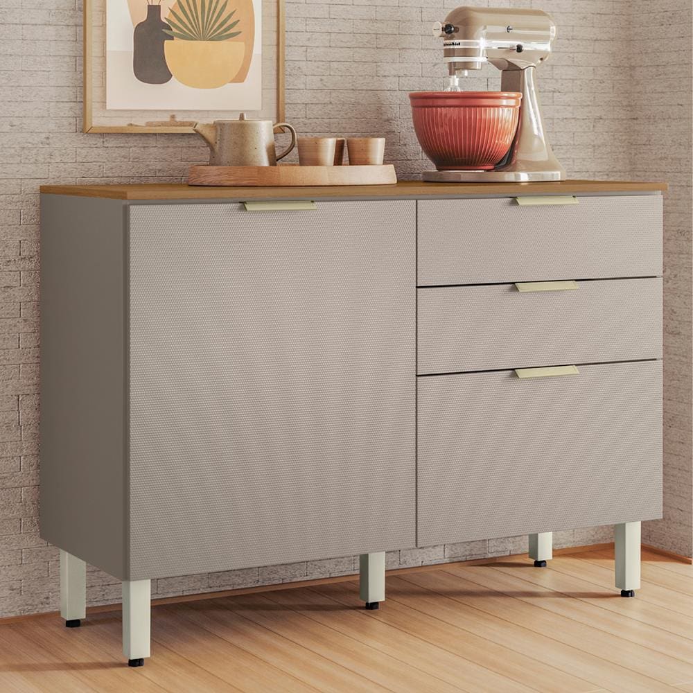 Balcão Demóbile Aspen com 2 Portas, 2 Gavetas e 1 Prateleira - 120cm de largura - Amêndola/Nude