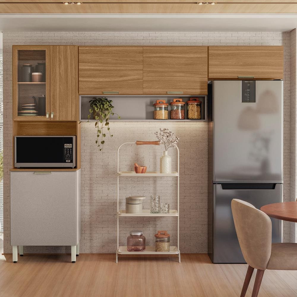 Cozinha Compacta Demóbile Aspen com 6 Portas e 2 Prateleiras - 250cm de largura  - Amêndola/Nude