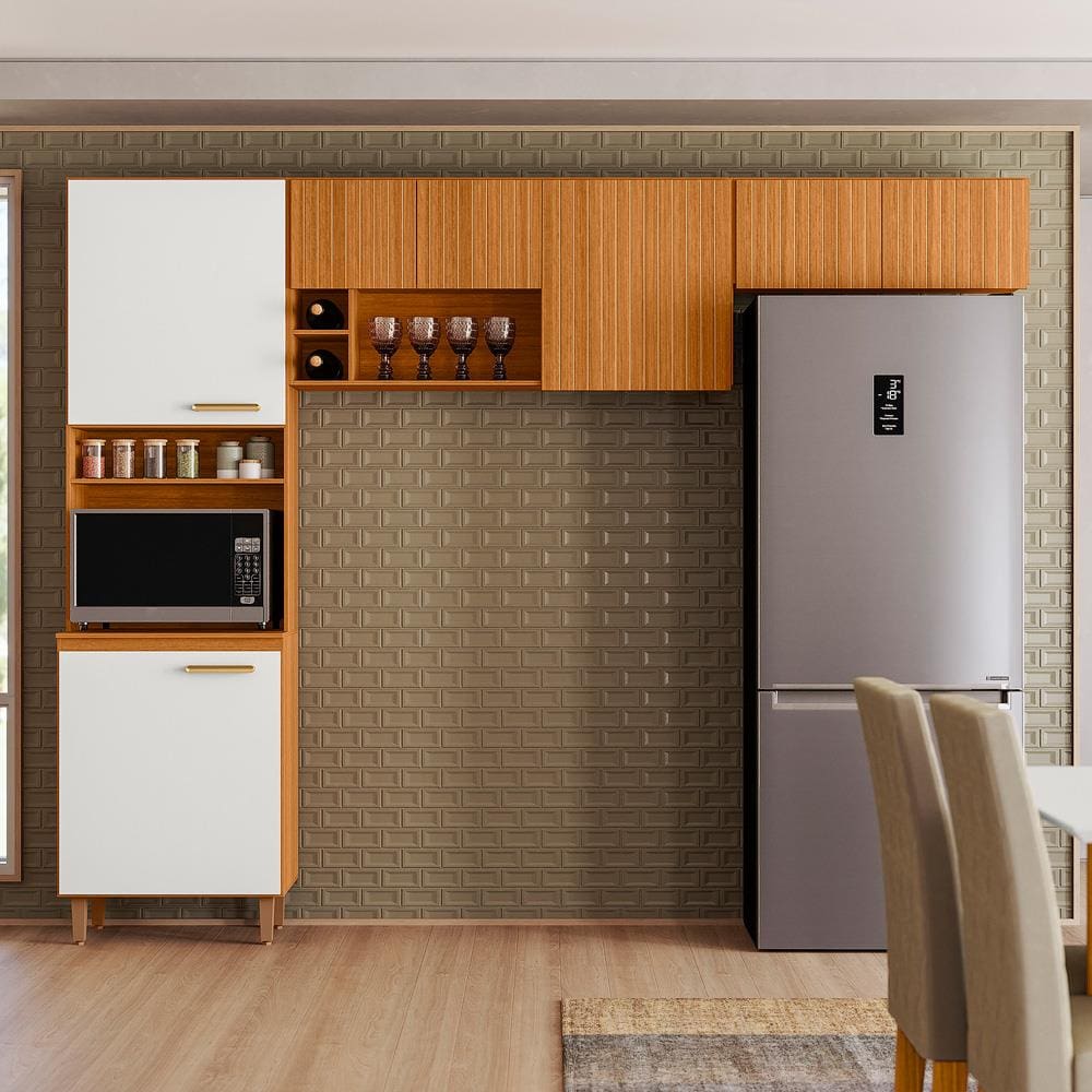 Cozinha Compacta Poliman Sicília 3 Peças 7 Portas Pés Reguláveis Ripado MDP Pintura UV Freijó Off White Acetinado