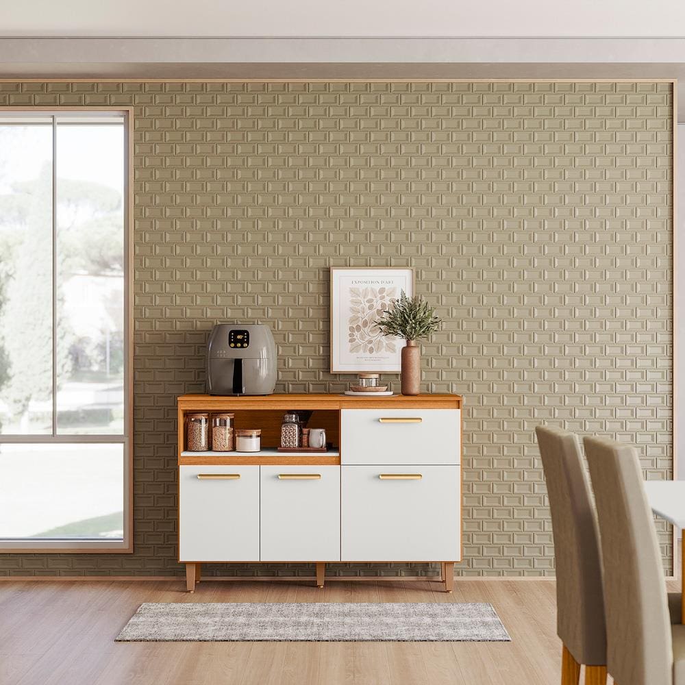 Balcão de Cozinha Poliman Sicília 120cm 3 Portas 1 Gaveta com Tampo Pés Reguláveis MDP Pintura UV Freijó Off White Acetinado