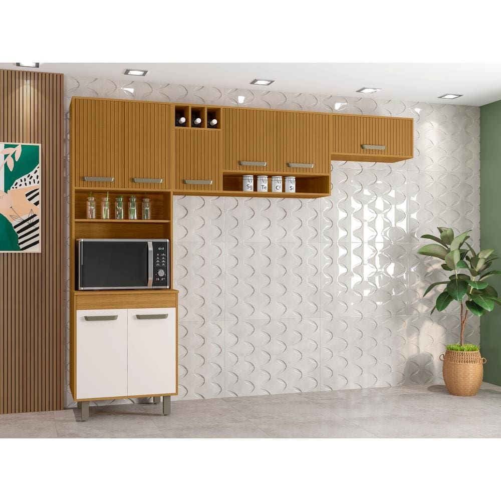 Cozinha Compacta Poliman Malta 8 Portas Paneleiro Duplo Ripado Gráfico Puxadores Bronze Pintura UV MDP Freijó Off White Acetinado