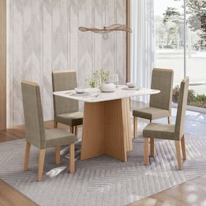 Conjunto de Mesa Sonetto Isa 120cm 4 Cadeiras Tampo de Vidro Veludo Estofado Design Moderno Sofisticado Mel Off White Caramelo