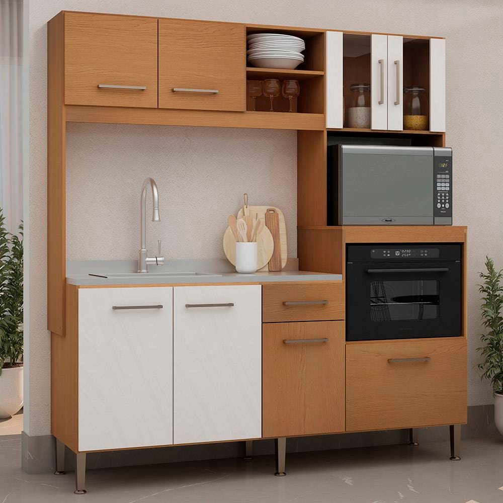 Cozinha Compacta Genialflex Space com 8 Portas, 1 Gaveta, 2 Prateleiras e 186cm de largura – Freijó/White Laca