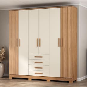 Guarda-Roupa Casal Atualle Lugano 6 Portas 4 Gavetas Rústico Canelato Ripado 3D Off White