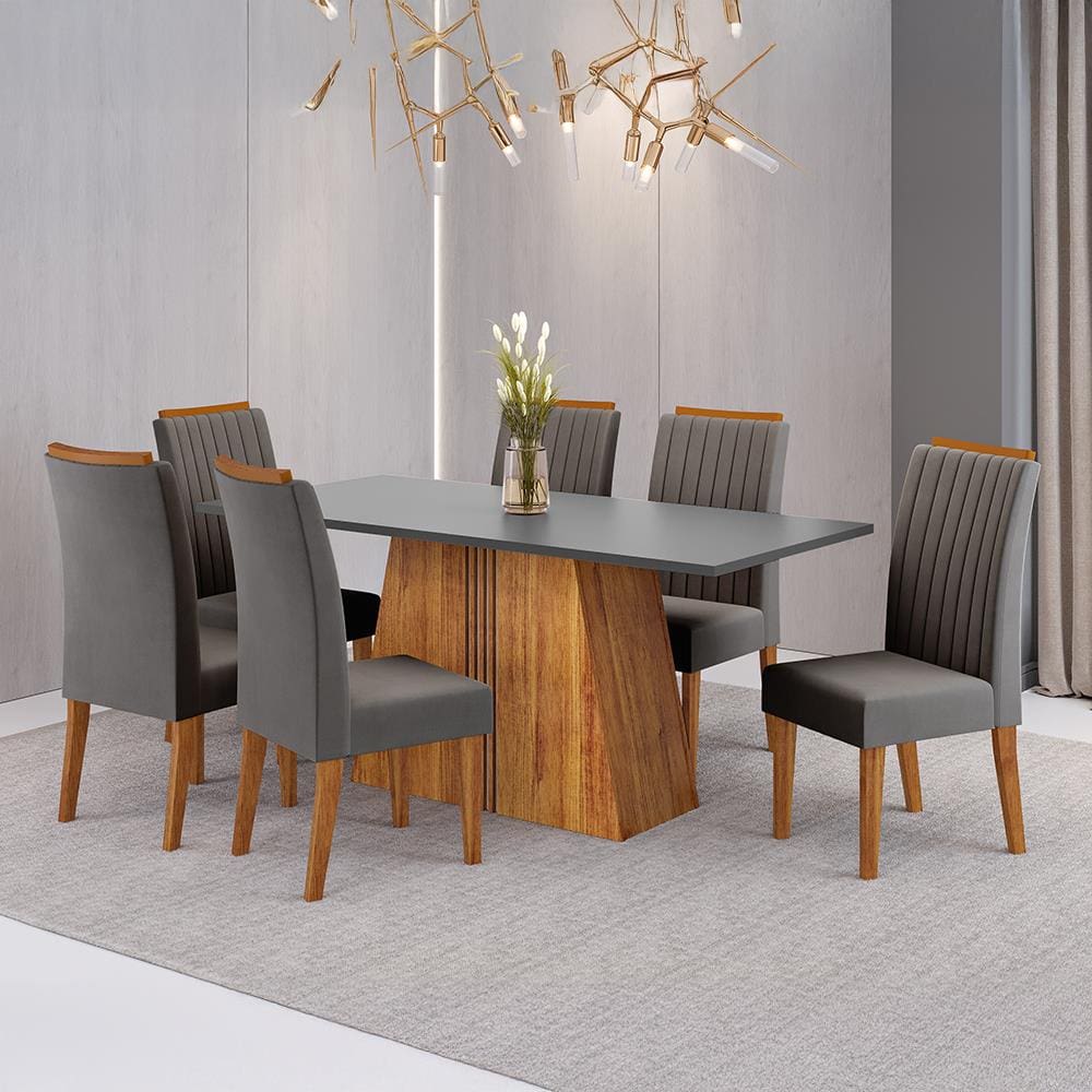 Mesa de Jantar 6 Cadeiras Viero Lumina Estofada Veludo - GRAFITE