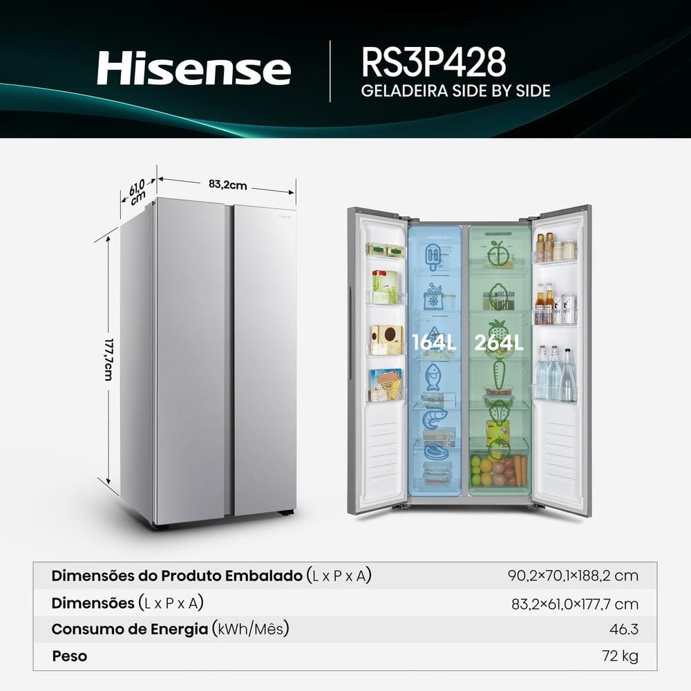 Geladeira 428L Hisense RS3P428 Side by | Casas Bahia