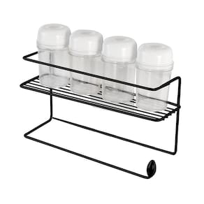 Suporte para Condimentos e Papel Toalha de Parede Utimil Pintura Epóxi Preto com 4 Potes, Fixação Adesiva e Design Compacto