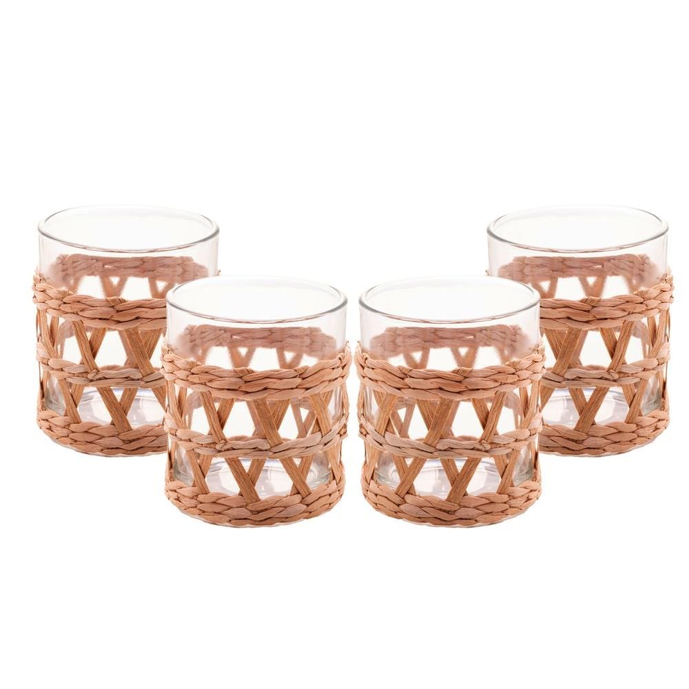 Conjunto 4 Copos Baixos Wolff 320ml Vidro com Sisal Natural Design Rústico 
