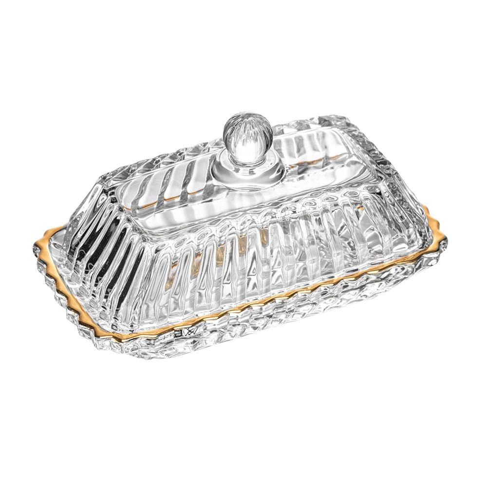 Manteigueira Retangular Wolff Império 15,5x7,5x8,5cm Cristal com Tampa e Fio de Ouro