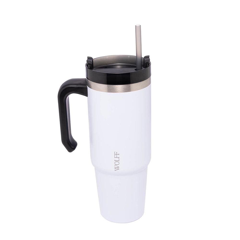 Caneca Térmica Wolff SlimTerm 890ml com Canudo, Parede Dupla e Base Ergonômica Branca