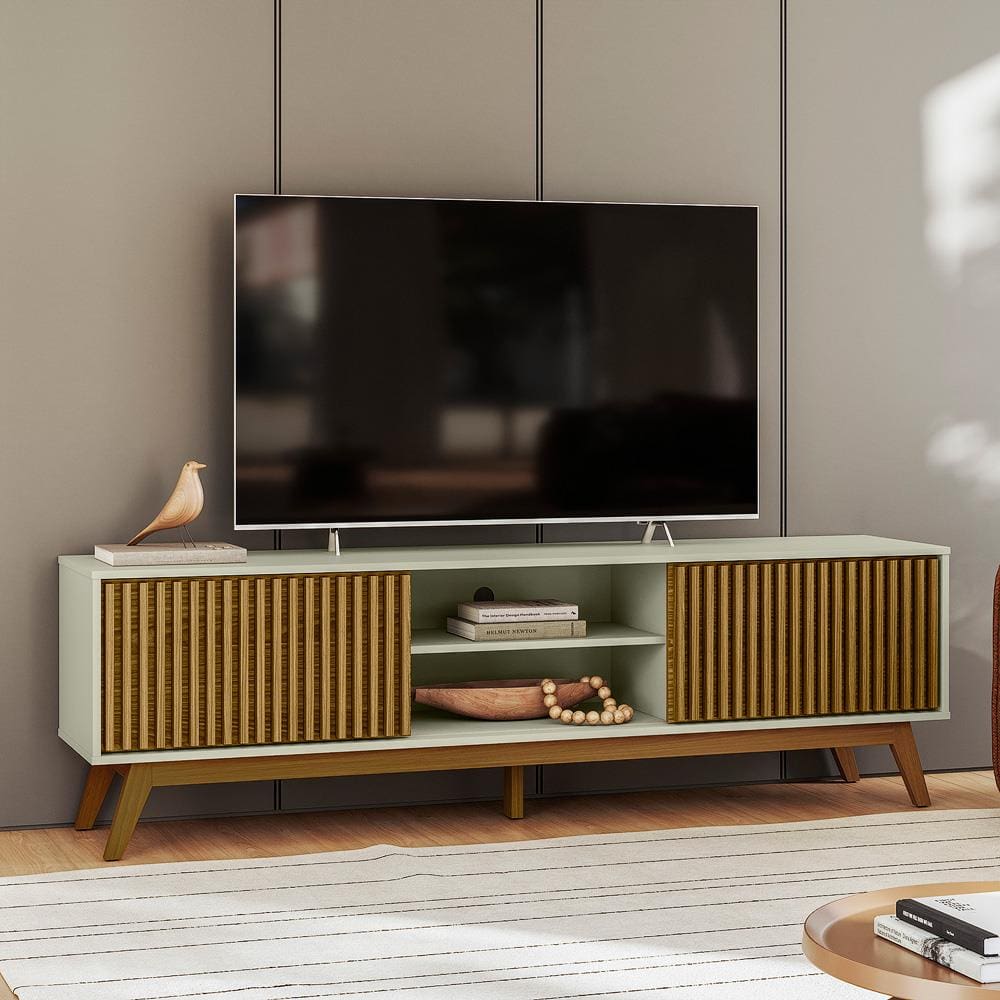 Rack Olivar Fox 180 Ripado Para TV até 65” Porta Deslizante 2 Portas 4 Nichos  - OFF WHITE