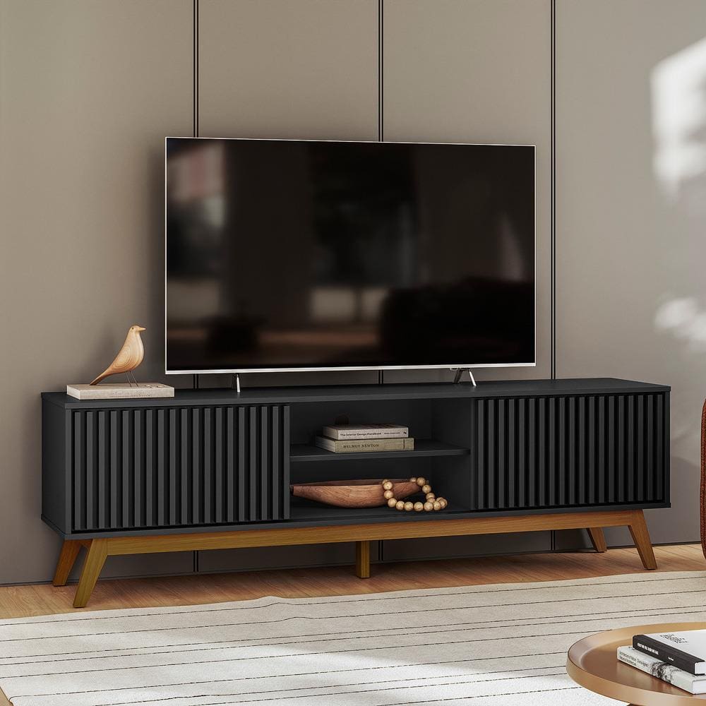 Rack Olivar Fox 180 Ripado Para TV até 65” Porta Deslizante 2 Portas 4 Nichos  - PRETO