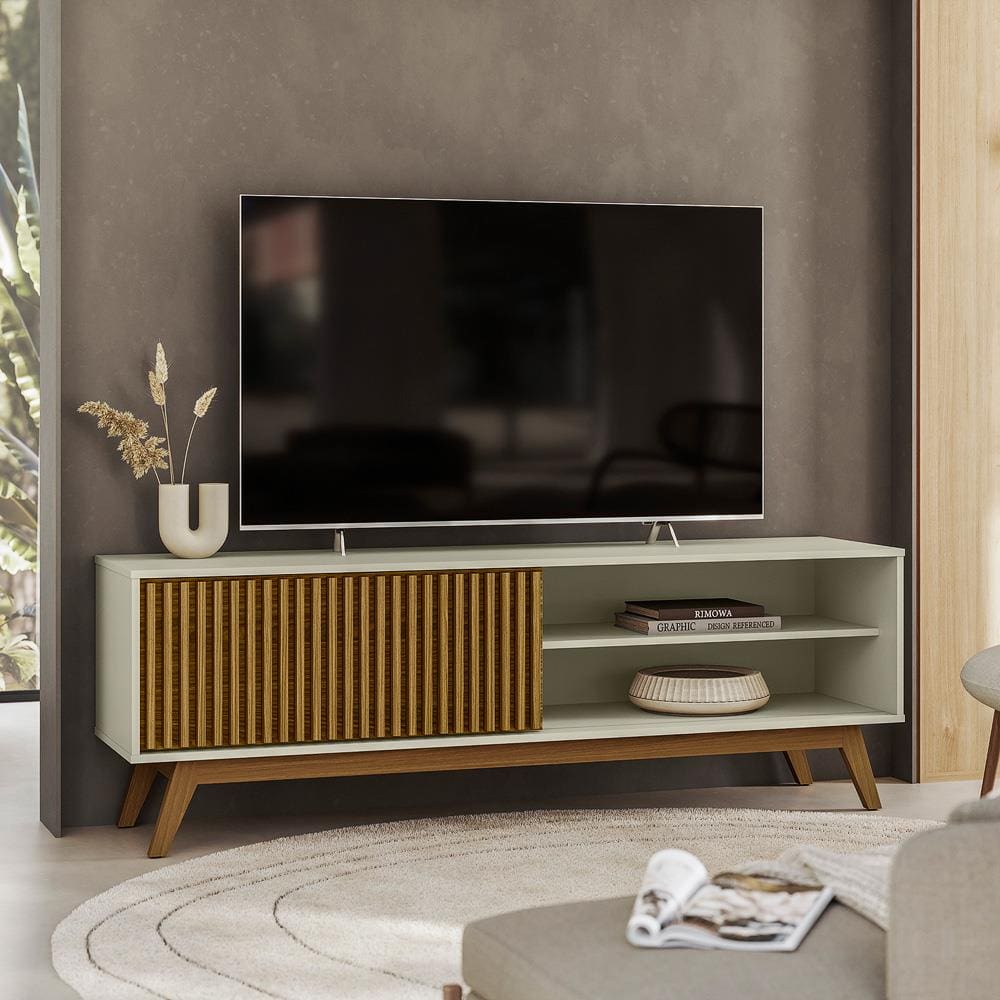 Rack Olivar Fox 160 Ripado Para TV até 55” Porta Deslizante 1 porta 3 Nichos