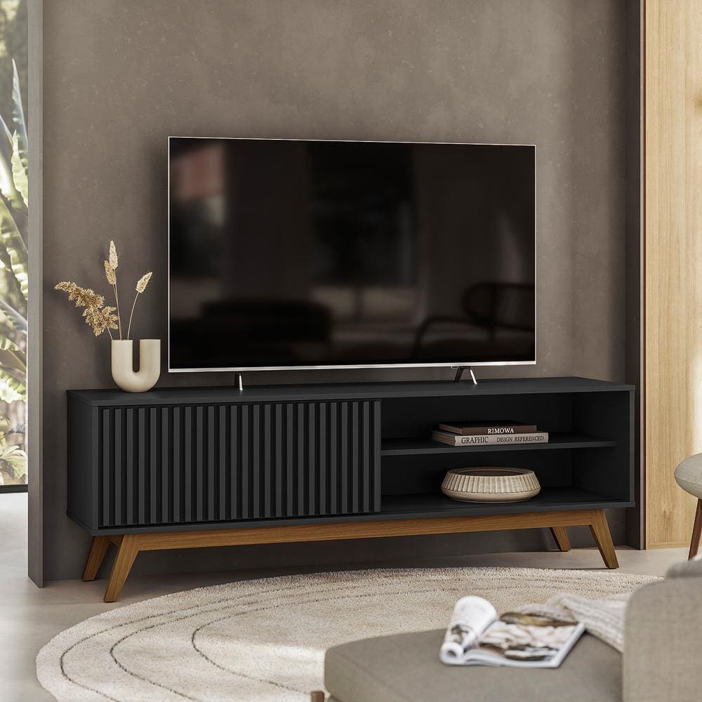 Rack Olivar Fox 160 Ripado Para TV até 55” Porta Deslizante 1 porta 3 Nichos  - PRETO