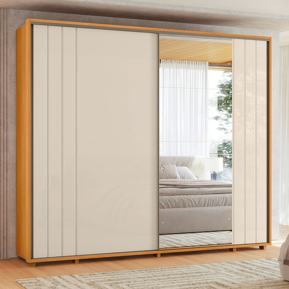 Guarda-Roupa Casal Madetec Dalí Com Espelhos 2 Portas de Correr 8 Gavetas Cabideiro Extensível Escada Retrátil - CINAMOMO/OFF WHITE