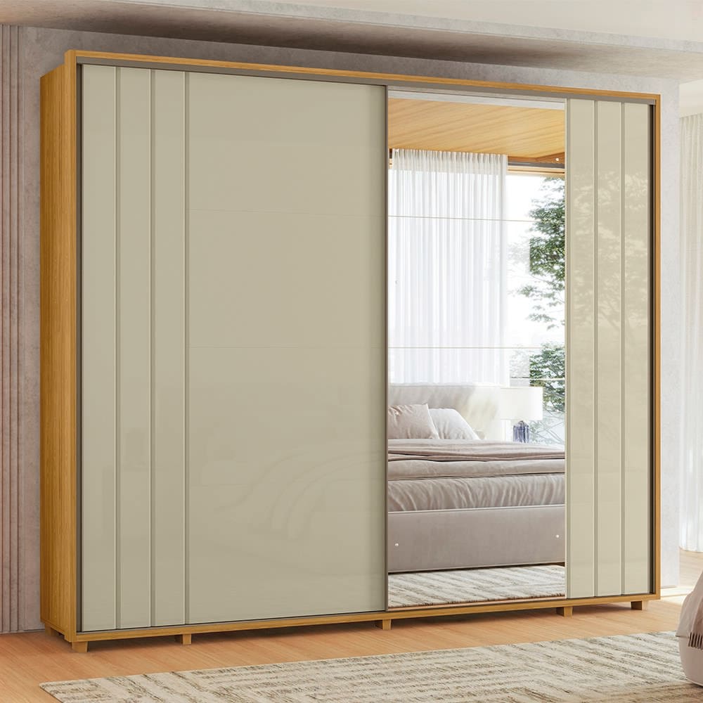 Guarda-Roupa Casal Madetec Dalí Com Espelhos 2 Portas de Correr 8 Gavetas Cabideiro Extensível Escada Retrátil - CUMARU/OPALA