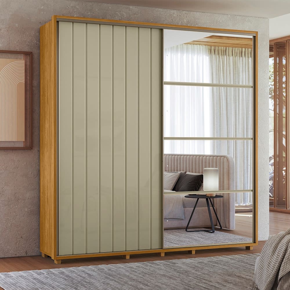 Guarda-Roupa Casal Madetec Monet Com Espelhos 2 Portas Correr Ripado Amortecimento Cabideiro Extensível 4 Gavetas - Cumaru/Opala