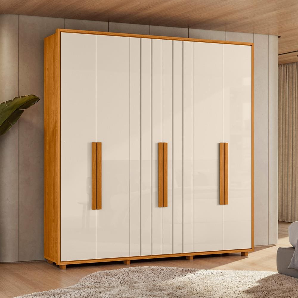 Guarda-Roupa Casal Madetec Portinari 6 Portas 4 Gavetas Ripado Angular Amortecimento Cabideiro Extensível - Cinamomo/Off White