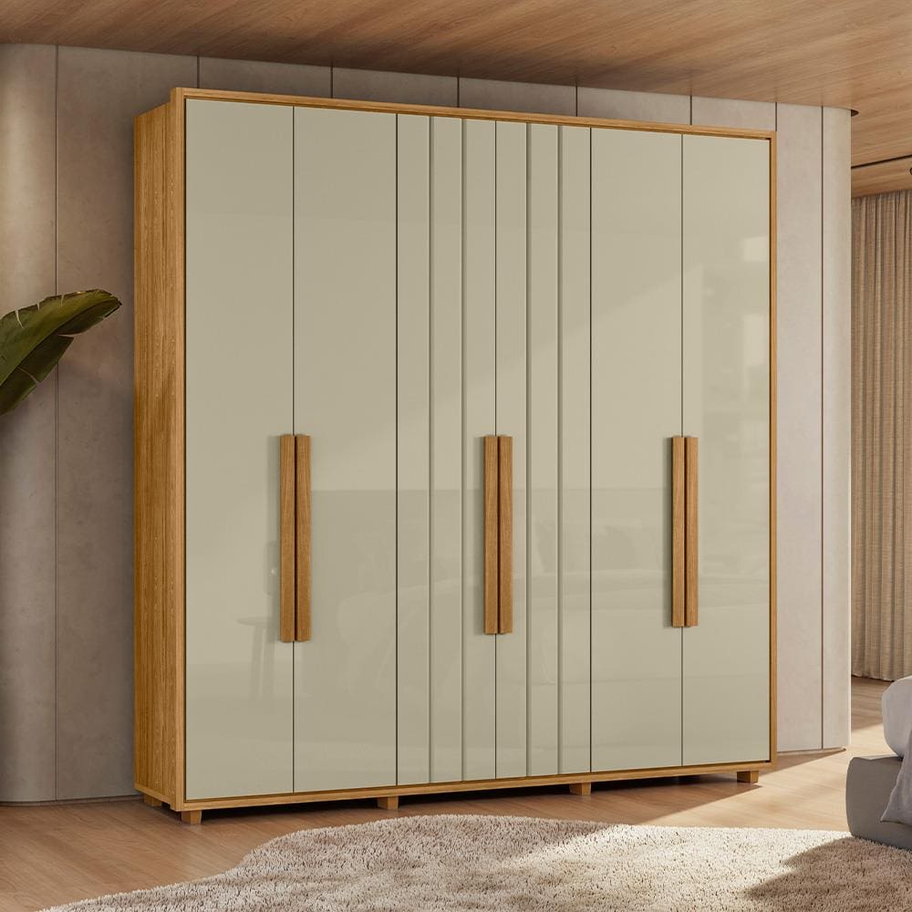 Guarda-Roupa Casal Madetec Portinari 6 Portas 4 Gavetas Ripado Angular Amortecimento Cabideiro Extensível - Cumaru/Opala