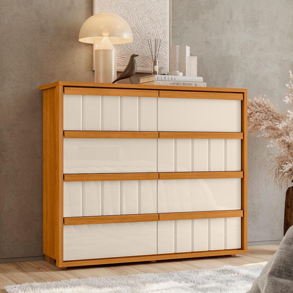 Cômoda 8 Gavetas Madetec Tarsila Corrediça Telescópica Ripado Angular Design Moderno - Cinamomo/Off White