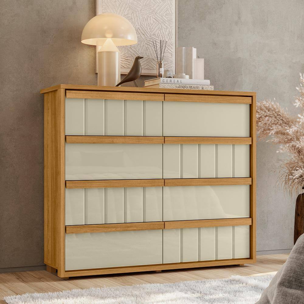 Cômoda 8 Gavetas Madetec Tarsila Corrediça Telescópica Ripado Angular Design Moderno - Cumaru/Opala