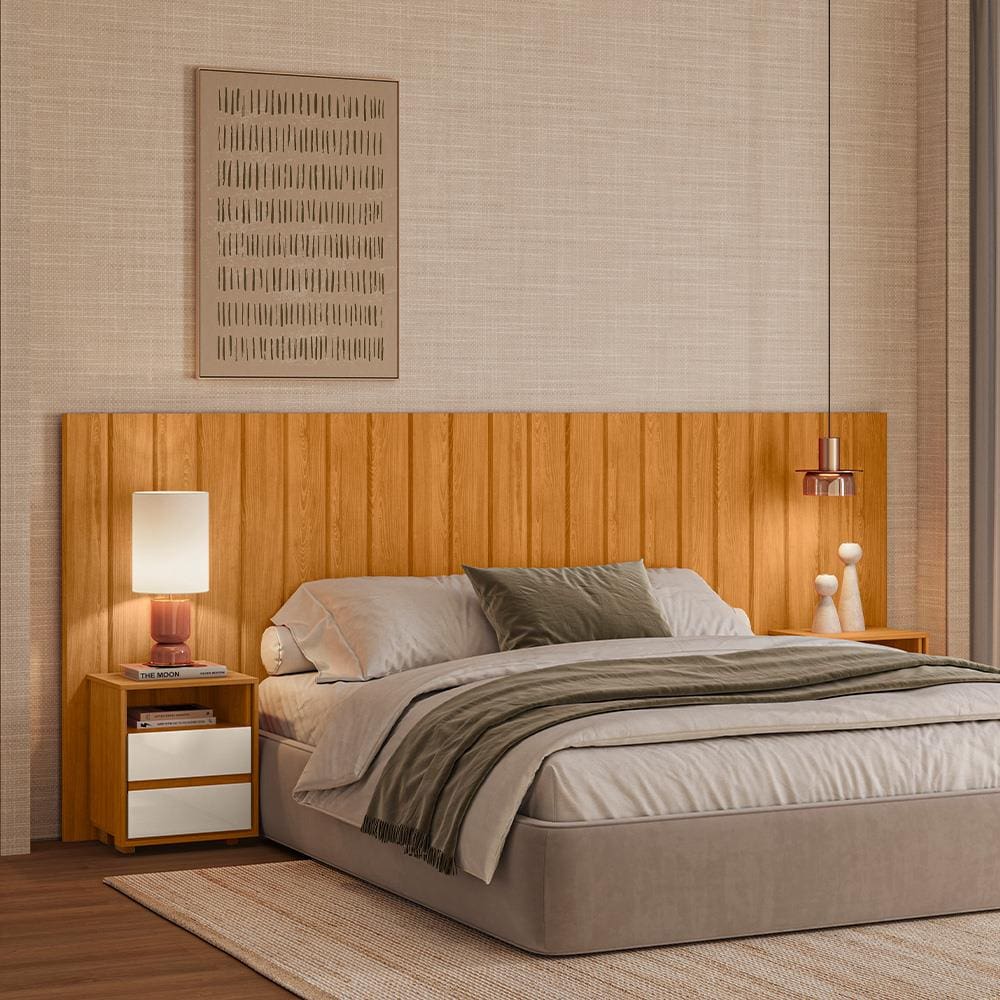 Cabeceira Madetec Frida Extensível com Mesas 4 Gavetas Painel Ripado Para Cama Casal, Queen e King Size -  Cinamomo/Off White