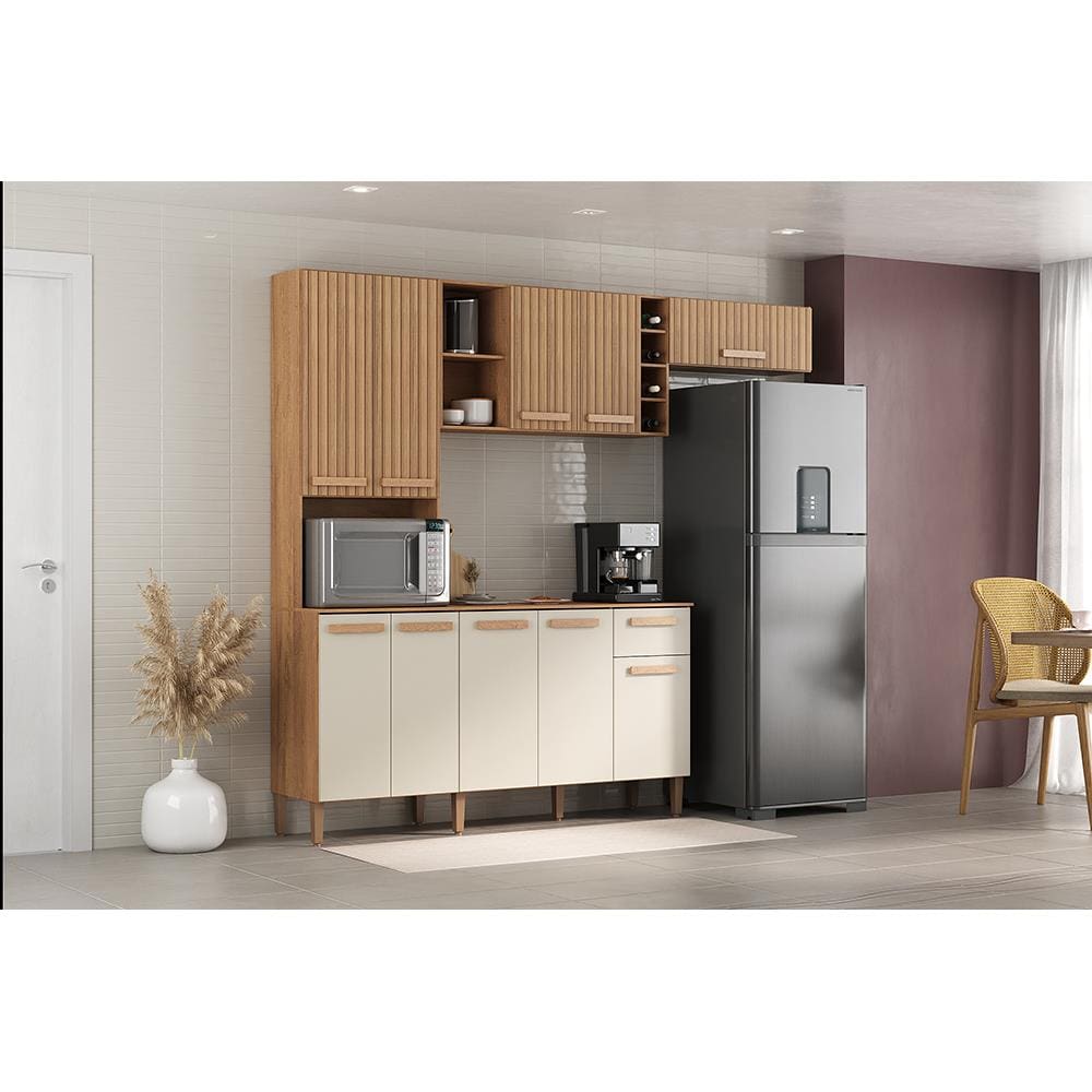 Cozinha Compacta Atualle Ravena 208cm 10 Portas 1 Gaveta MDP  - Canelato 3D/Off White
