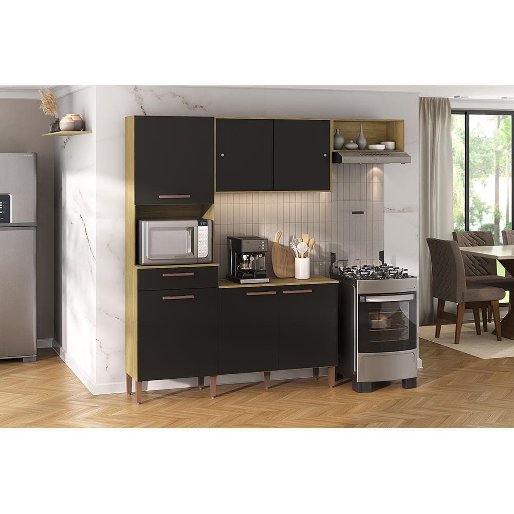 Cozinha Compacta Atualle Pop 197cm 5 Portas 1 Gaveta MDP 12mm  - Wood Madeirado/Preto