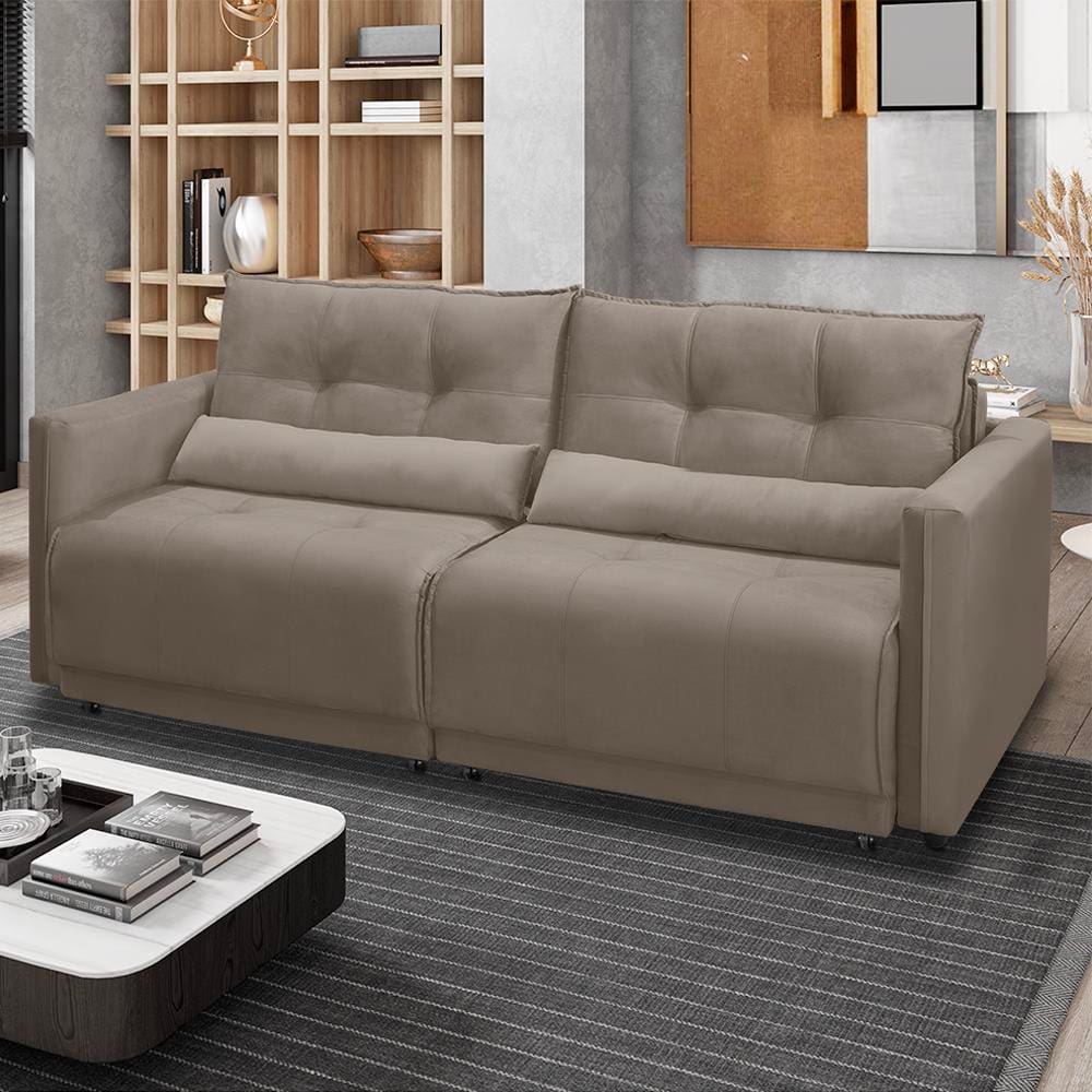 Sofá-Cama RBF Móveis Ibiza 3 Lugares 212cm Reclinável com Rodízios - Capuccino