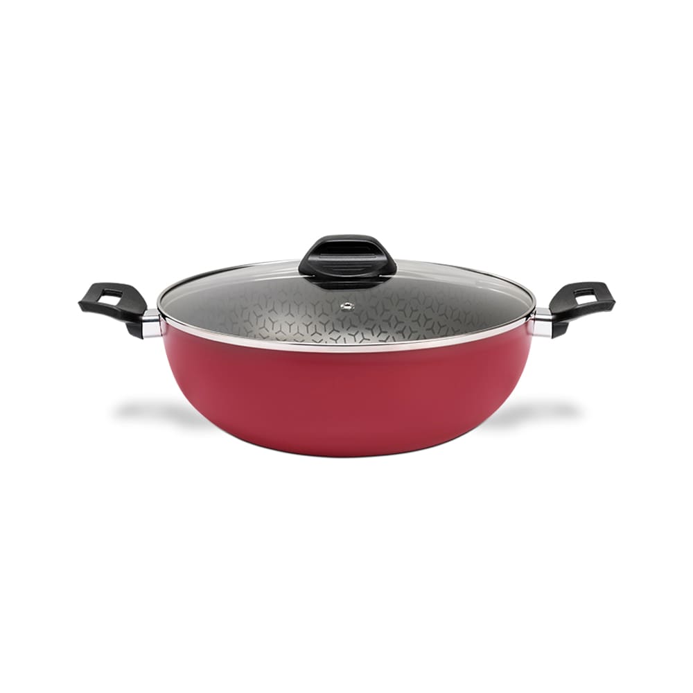 Panela Wok Brinox Anis Alças Baquelite Antiaderente Pro-Flon 4,1L 28cm Tampa de Vidro Borgonha