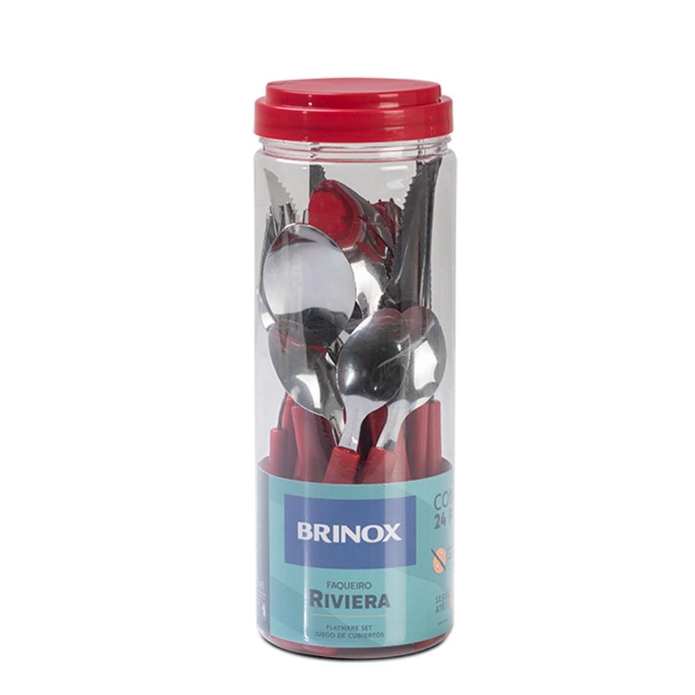 Faqueiro Brinox Riviera 24 Peças Aço Inox Cabo Ergonômico Pote Multifuncional Vermelho