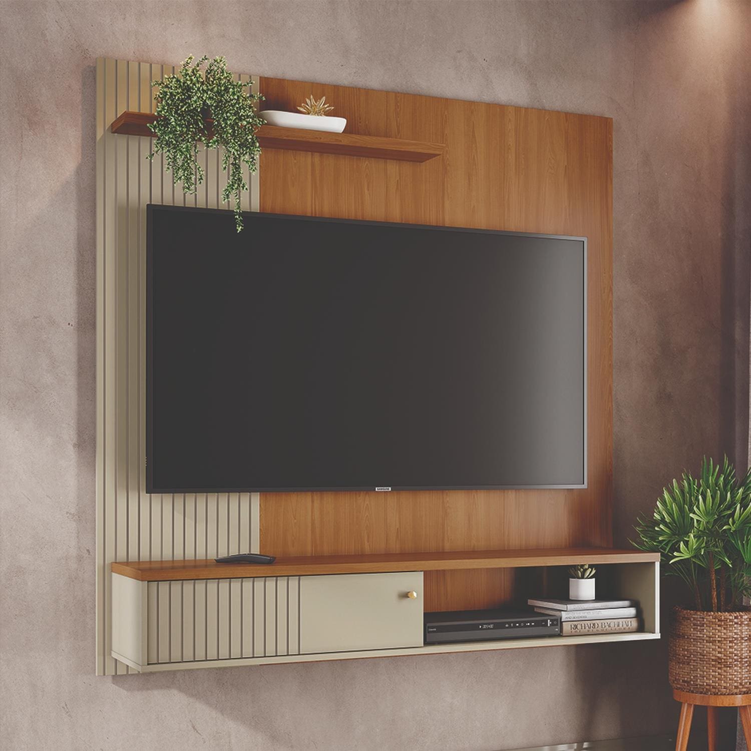 Painel Suspenso para TV Madetec Aurora 160cm Ripado Porta Deslizante - Cumaru/Opala