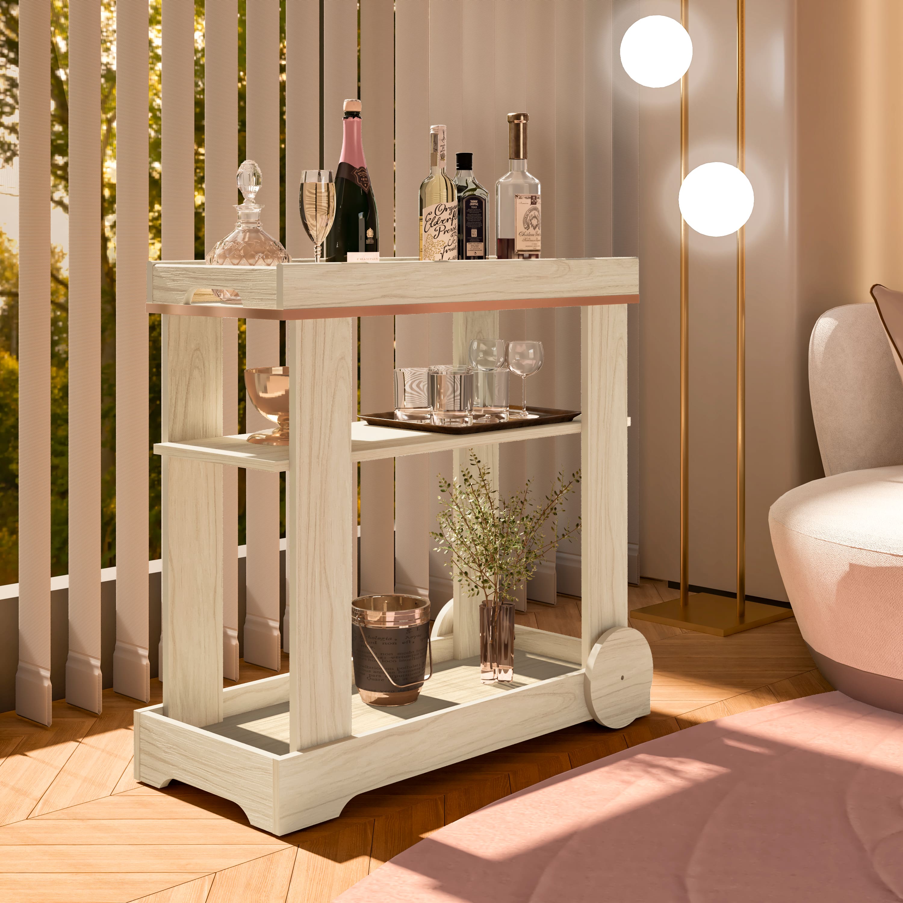 Carrinho Bar Artely Móveis Rosé 1 Prateleira Rodízios Funcionais MDF - Naturale