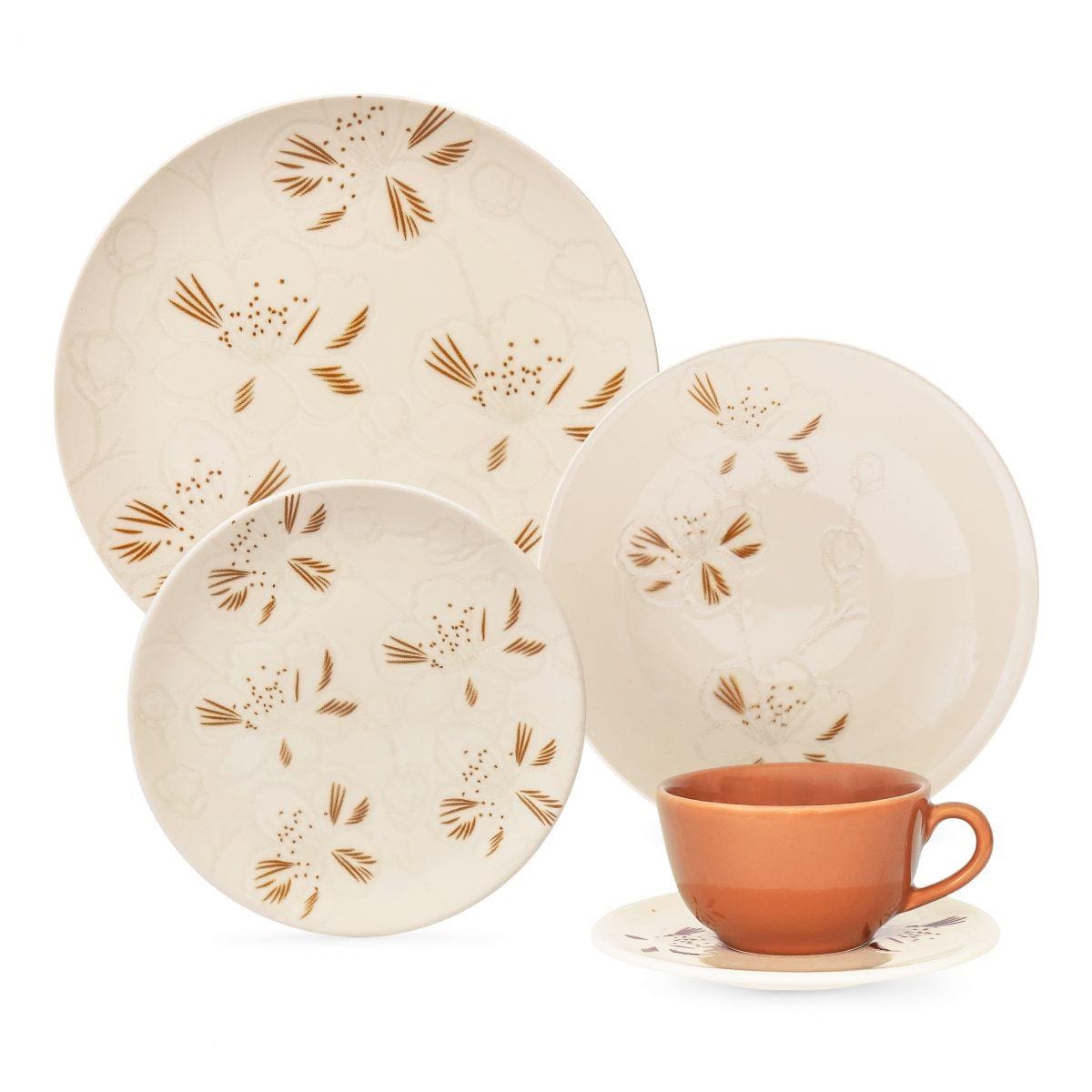 Aparelho de Jantar Oxford Unni Orquídea 20 Peças Cerâmica Marrom e Off White