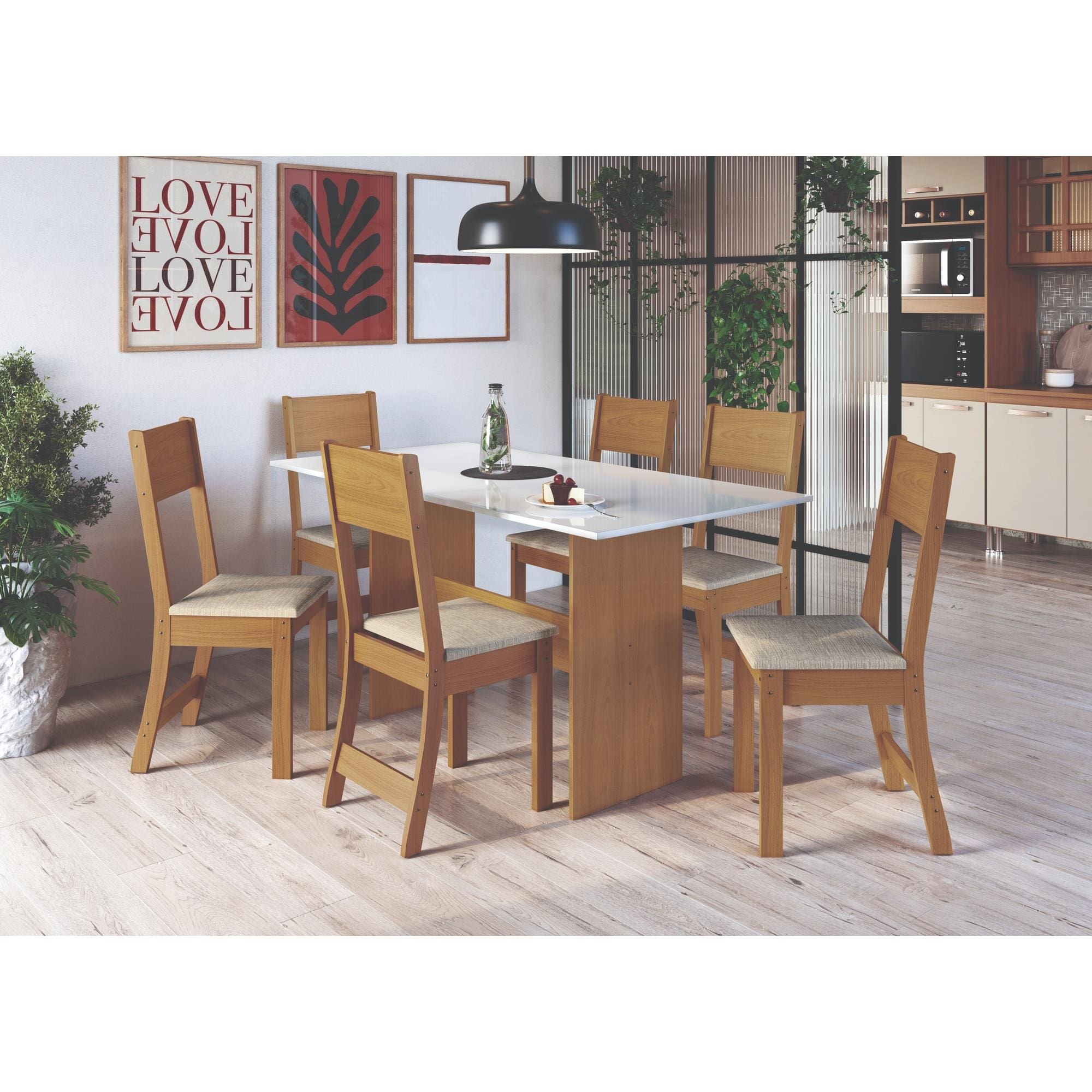 Conjunto de Mesa Retangular com 6 Cadeiras Indekes Orquídea Freijó/Off White