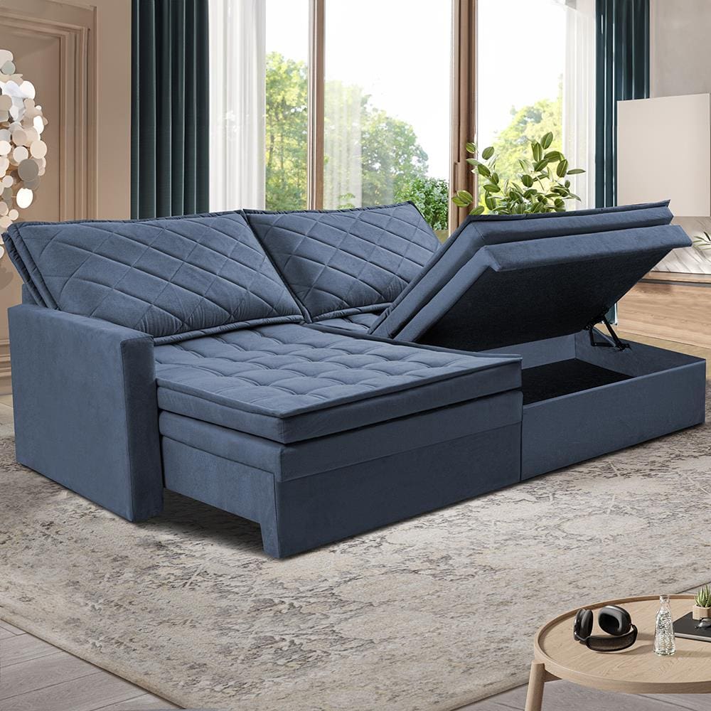 Sofá 3 Lugares Cama InBox Marselha II Retrátil/Reclinável com Baú Revestimento Suede Velusoft - 160cm de Largura