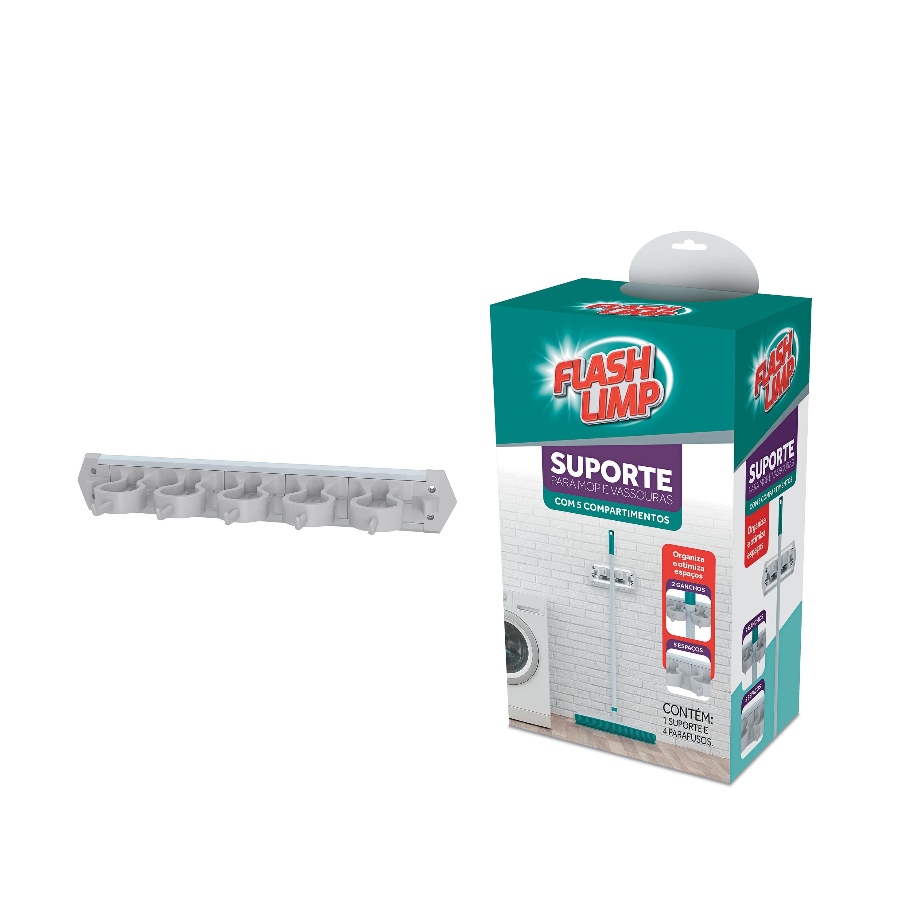 Suporte Mop e Vassoura Flash Limp Cinza com 5 Compartimentos