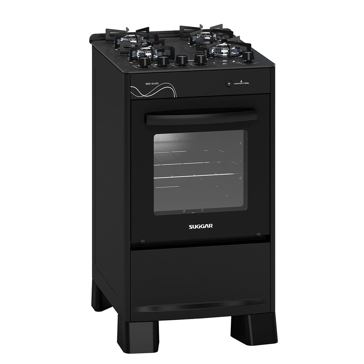 Fogão de Piso 4 Bocas Suggar Neo Glass Vidro Temperado Preto Bivolt