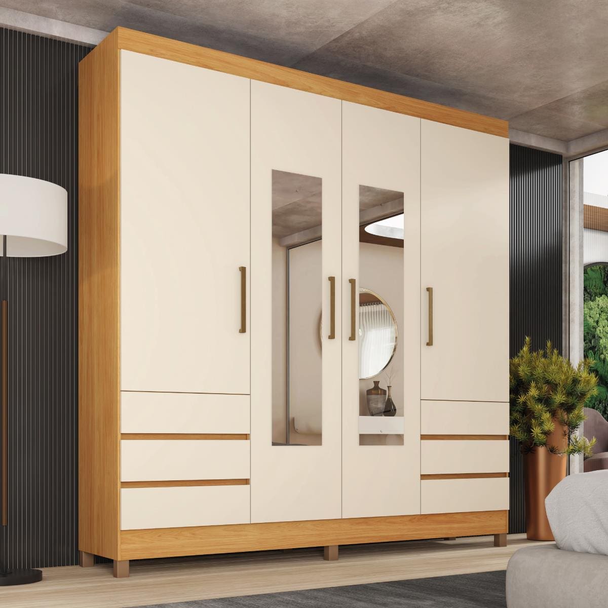 Guarda-Roupa Casal Mônaco Demóbile 4 Portas 6 Gavetas com Espelho e Pés PVC