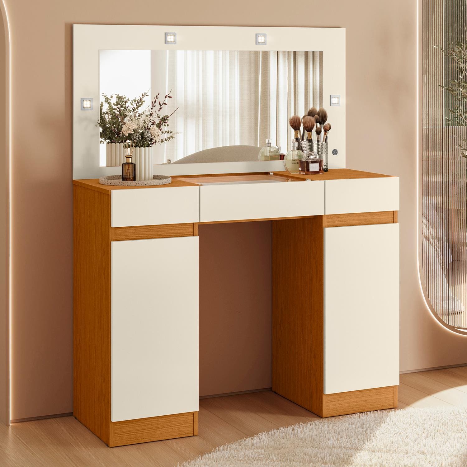Penteadeira Camarim Studio Palumóveis 3 Gavetas com LED e Espelho Cinamomo/Off White