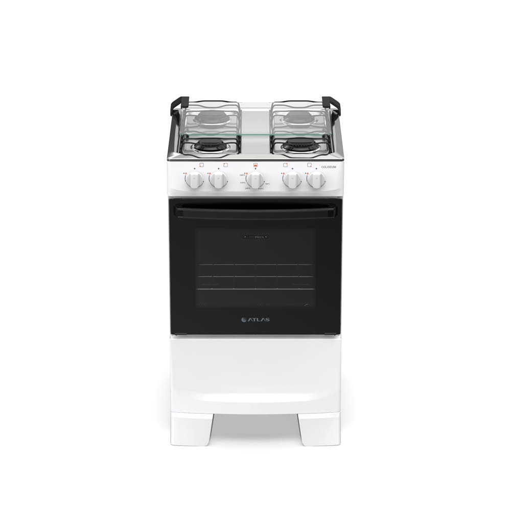 Fogão Atlas Coliseum 4 Bocas Plus Pés Altos Queimadores Limpa Fácil Branco