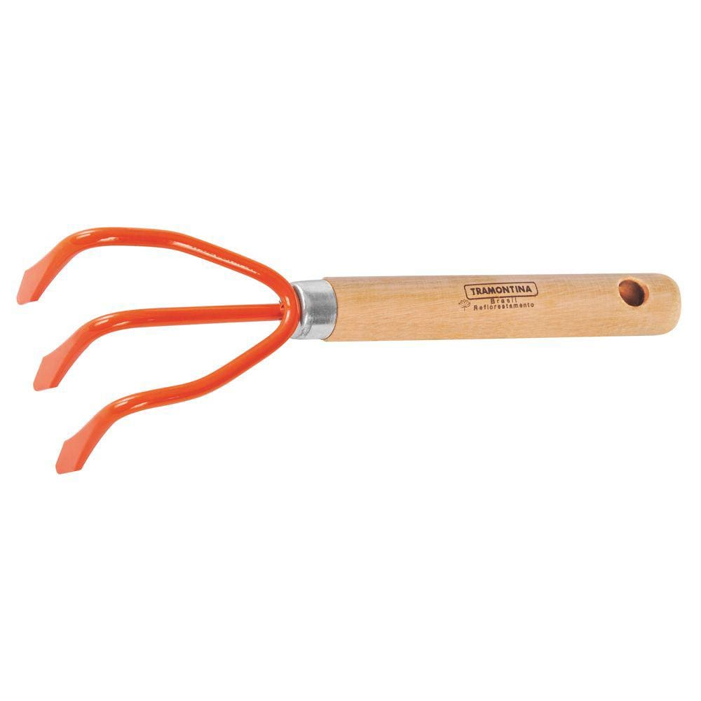 Ancinho metálico 3 dentes com cabo de madeira